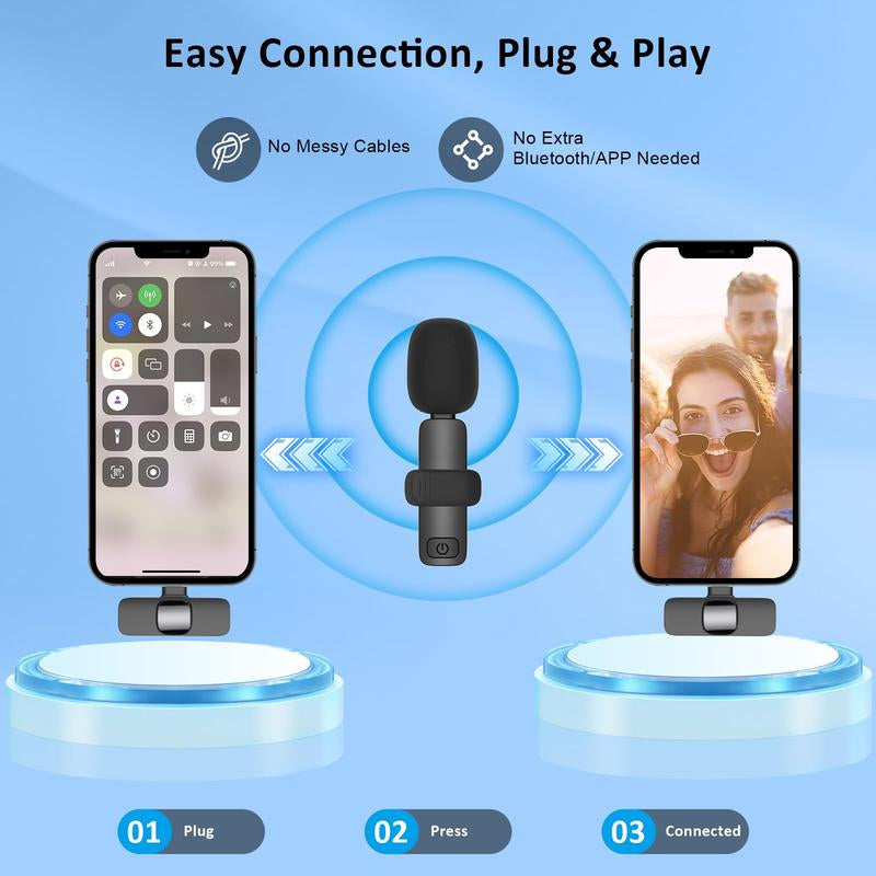 2 Pack Professional Wireless Mini Microphone for Ios and Android Devices, Professional Microphone for Video Recording, Vlog,Live Streaming