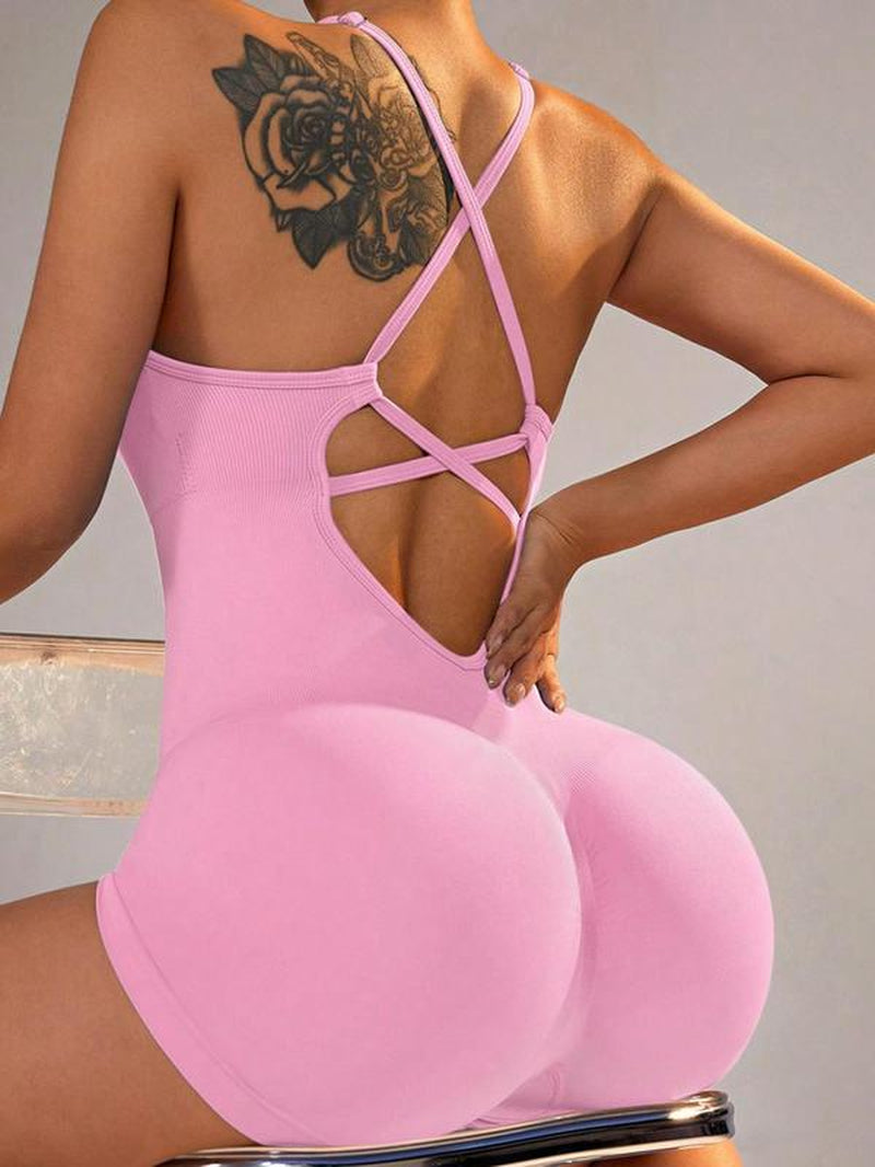 Women'S Solid Criss Cross Backless Padded Sports Romper, Adjustable Strap Sleeveless Scrunch Butt Cami Bodycon Romper for Yoga Gym Fitness, Ladies Sportswear for Indoor Outdoor Wear, Tummy Control