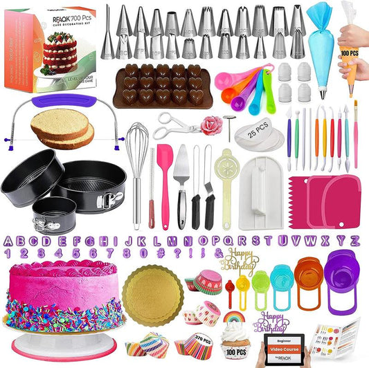 700PC Cake Decorating Kit with Springform Pans, Turntable, Piping Tips, Icing Spatulas, Cake Leveler, Fondant Tools, and More—Perfect for All Baking Needs